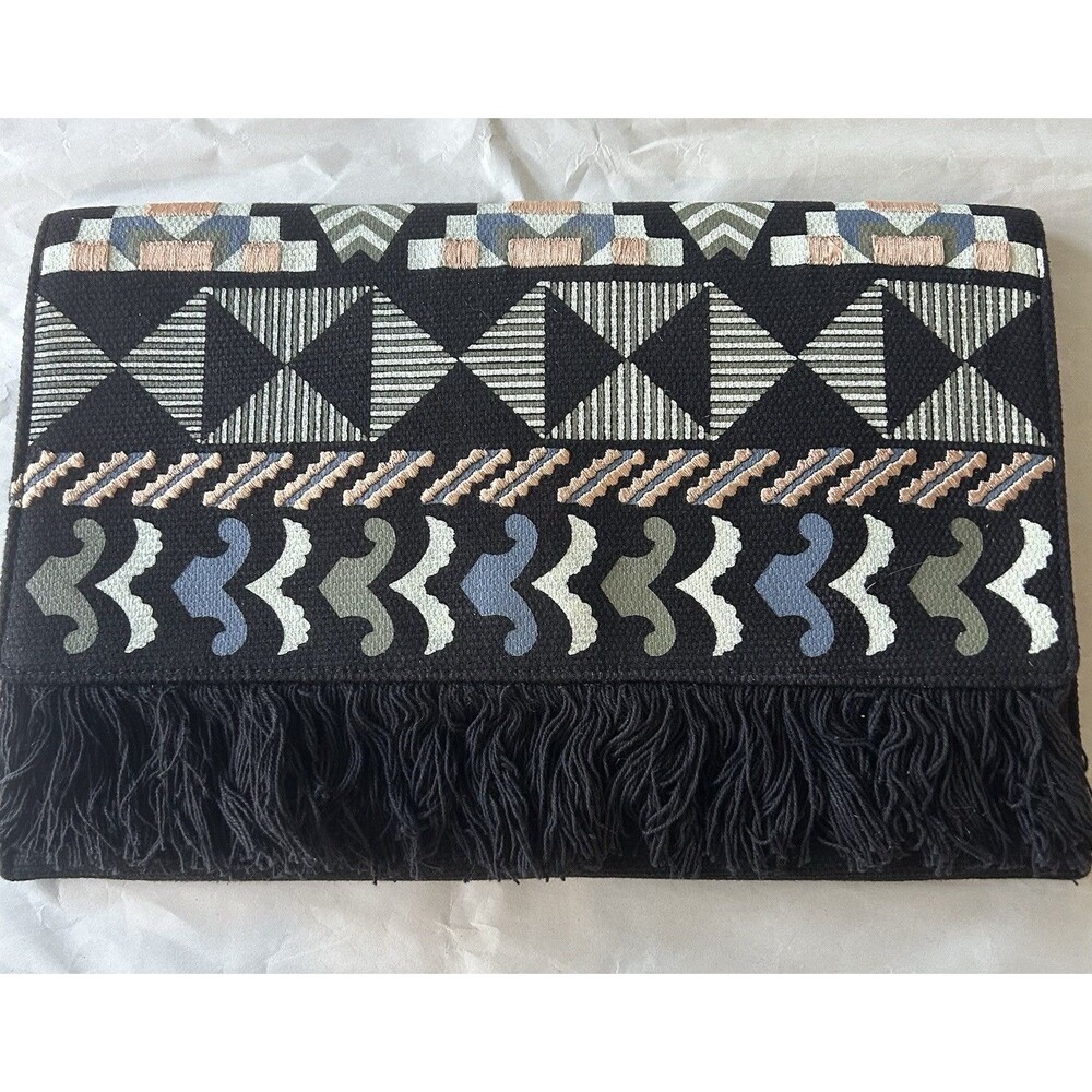 Stella and Dot Taj Clutch Envelope Purse Black Fabric Fringe Embroidered Boho